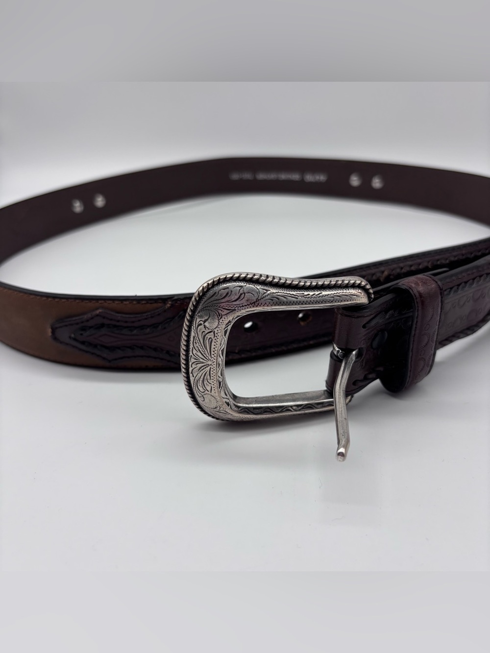 Nocona Two-Toned Leather Belt with Engraved Silver Buckle